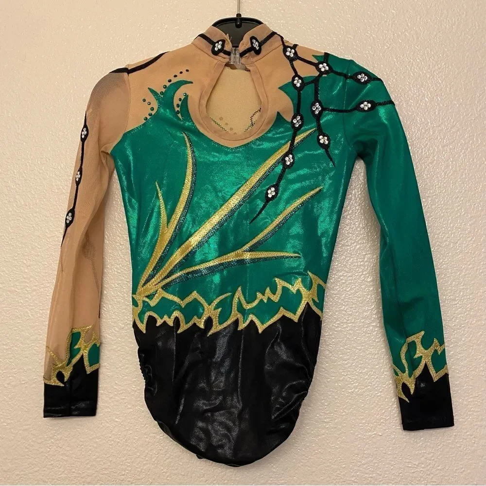Illusion Custom gymnastics competition leotard rhythmic green rhinestone LC